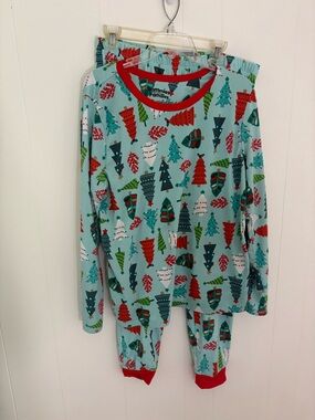 Family Holiday Tree Print Pajama Set in Aqua with Red Trim